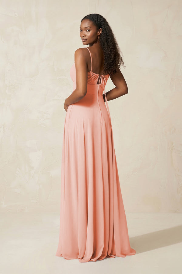 A - Line Ruched Chiffon Spaghetti Strap Bridesmaid Dress in Rose Petal - SHE IS ME Bridesmaid Dresses