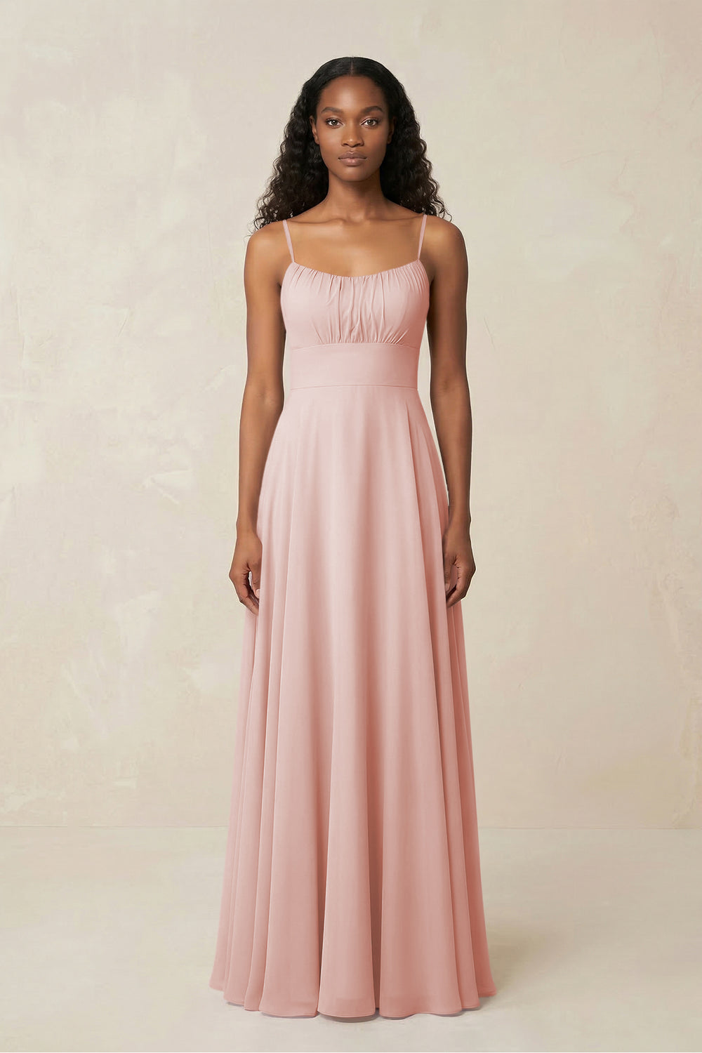 A-Line Ruched Chiffon Spaghetti Strap Bridesmaid Dress in Rose Petal