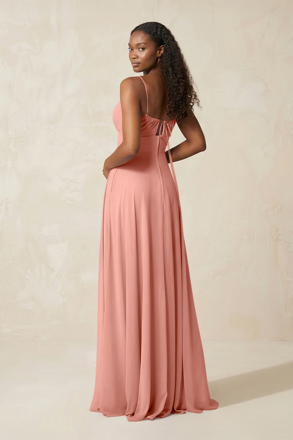 A-Line Ruched Chiffon Spaghetti Strap Bridesmaid Dress in Rosette