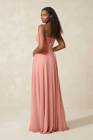A-Line Ruched Chiffon Spaghetti Strap Bridesmaid Dress in Rosette (2) | KISSBRIDAL