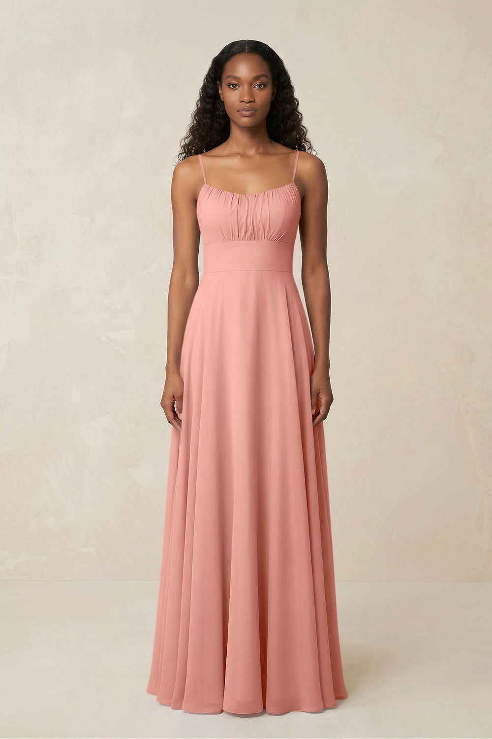 A-Line Ruched Chiffon Spaghetti Strap Bridesmaid Dress in Rosette