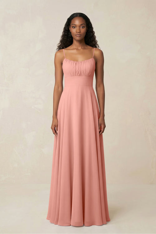 A-Line Ruched Chiffon Spaghetti Strap Bridesmaid Dress in Rosette | KISSBRIDAL