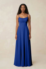 A - Line Ruched Chiffon Spaghetti Strap Bridesmaid Dress in Royal Blue - KISS BRIDAL Bridesmaid Dresses