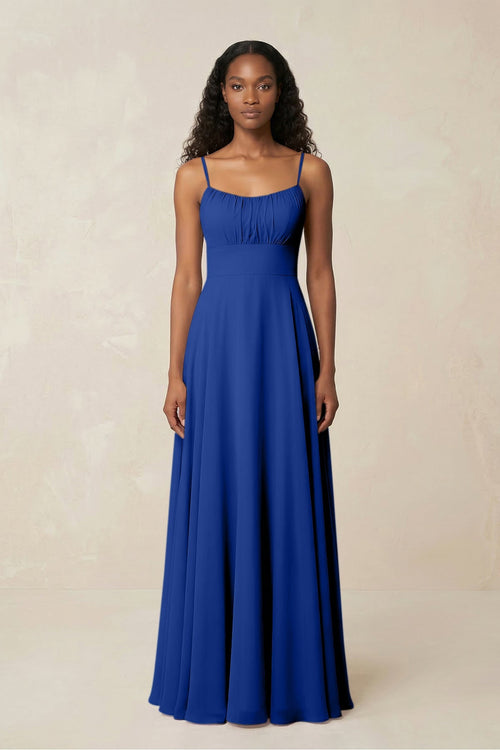 A - Line Ruched Chiffon Spaghetti Strap Bridesmaid Dress in Royal Blue - SHE IS ME Bridesmaid Dresses