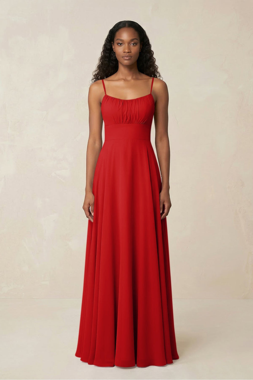 A - Line Ruched Chiffon Spaghetti Strap Bridesmaid Dress in Ruby Red - KISS BRIDAL Bridesmaid Dresses