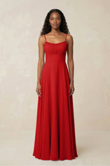 A - Line Ruched Chiffon Spaghetti Strap Bridesmaid Dress in Ruby Red - KISS BRIDAL Bridesmaid Dresses