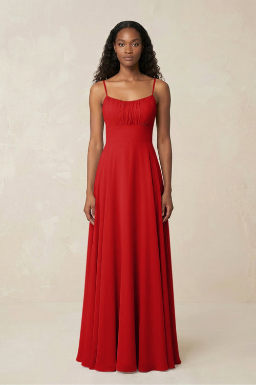A - Line Ruched Chiffon Spaghetti Strap Bridesmaid Dress in Ruby Red - SHE IS ME Bridesmaid Dresses