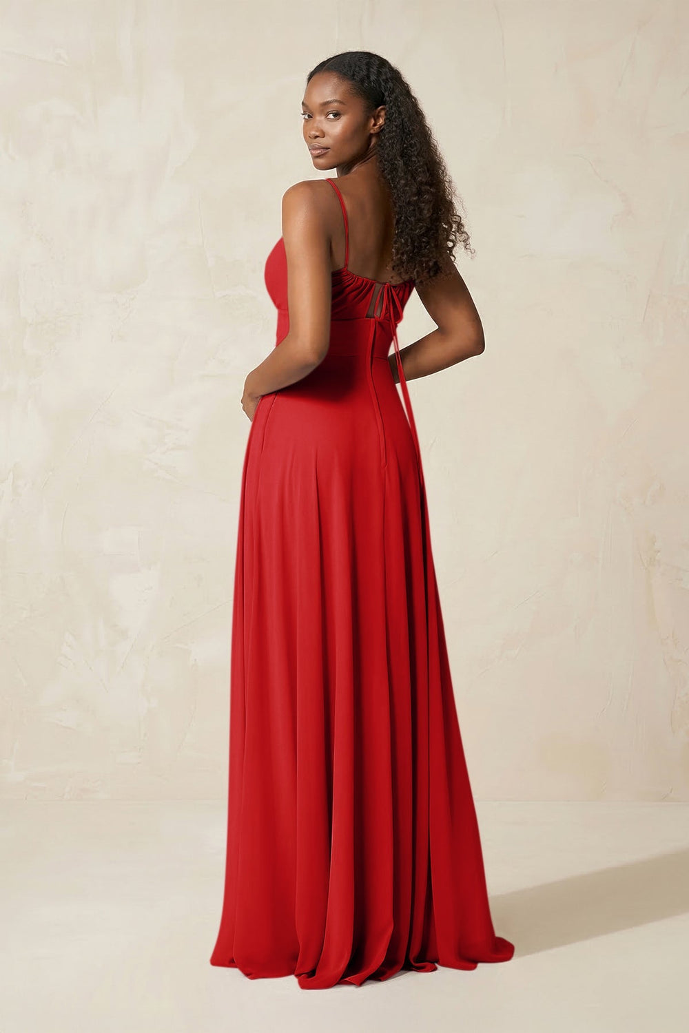 A - Line Ruched Chiffon Spaghetti Strap Bridesmaid Dress in Ruby Red - KISS BRIDAL Bridesmaid Dresses