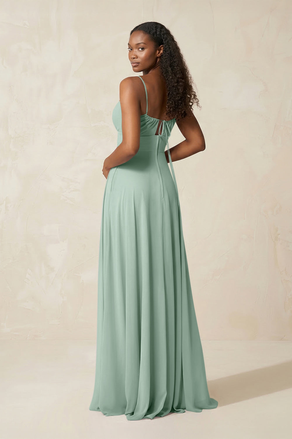A-Line Ruched Chiffon Spaghetti Strap Bridesmaid Dress in Sage