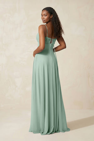 A-Line Ruched Chiffon Spaghetti Strap Bridesmaid Dress in Sage (2) | KISSBRIDAL