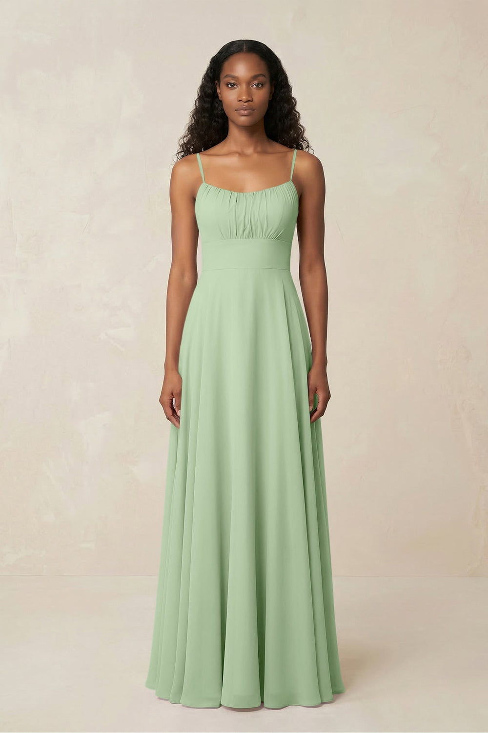 A - Line Ruched Chiffon Spaghetti Strap Bridesmaid Dress in Sage - KISS BRIDAL Bridesmaid Dresses