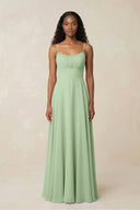 A - Line Ruched Chiffon Spaghetti Strap Bridesmaid Dress in Sage - SHE IS ME Bridesmaid Dresses