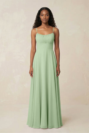 A - Line Ruched Chiffon Spaghetti Strap Bridesmaid Dress in Sage - SHE IS ME Bridesmaid Dresses