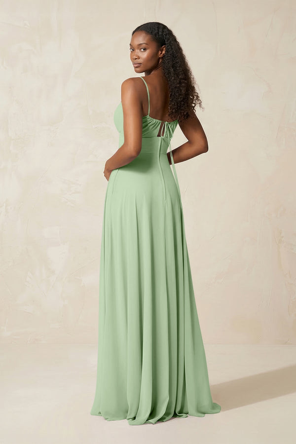 A - Line Ruched Chiffon Spaghetti Strap Bridesmaid Dress in Sage - SHE IS ME Bridesmaid Dresses