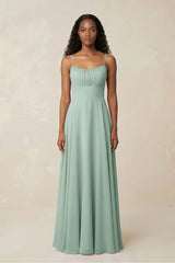 A-Line Ruched Chiffon Spaghetti Strap Bridesmaid Dress in Sage | KISSBRIDAL