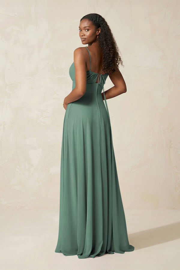 A-Line Ruched Chiffon Spaghetti Strap Bridesmaid Dress in Sea Glass (2) | KISSBRIDAL