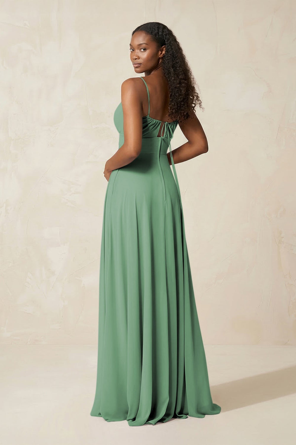A - Line Ruched Chiffon Spaghetti Strap Bridesmaid Dress in Sea Glass - KISS BRIDAL Bridesmaid Dresses