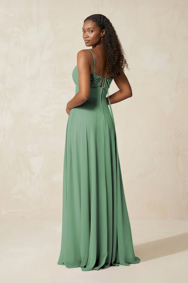 A - Line Ruched Chiffon Spaghetti Strap Bridesmaid Dress in Sea Glass - SHE IS ME Bridesmaid Dresses