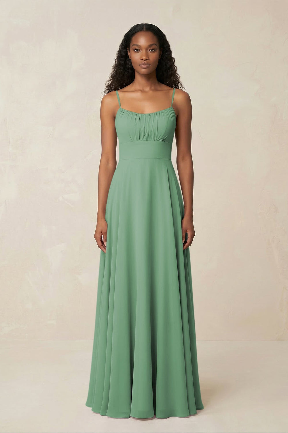 A - Line Ruched Chiffon Spaghetti Strap Bridesmaid Dress in Sea Glass - KISS BRIDAL Bridesmaid Dresses