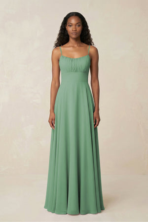 A - Line Ruched Chiffon Spaghetti Strap Bridesmaid Dress in Sea Glass - SHE IS ME Bridesmaid Dresses