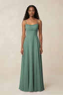 A-Line Ruched Chiffon Spaghetti Strap Bridesmaid Dress in Sea Glass | KISSBRIDAL