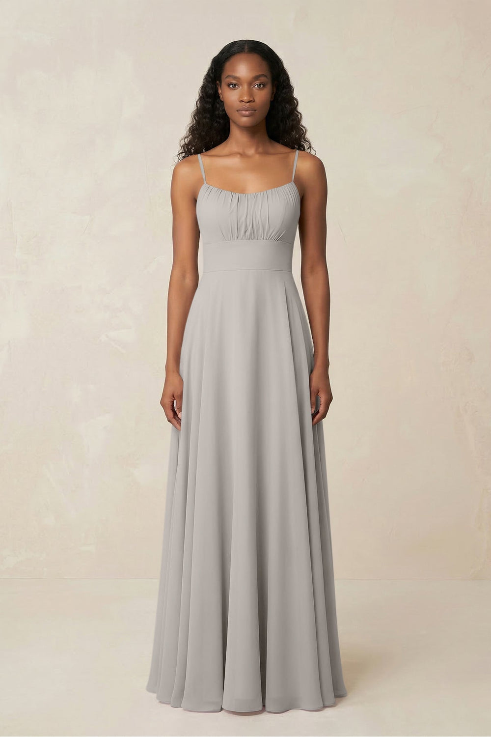 A - Line Ruched Chiffon Spaghetti Strap Bridesmaid Dress in Silver - KISS BRIDAL Bridesmaid Dresses