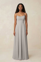 A - Line Ruched Chiffon Spaghetti Strap Bridesmaid Dress in Silver - KISS BRIDAL Bridesmaid Dresses