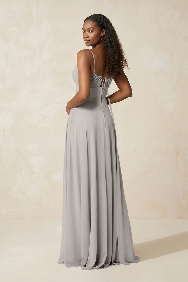 A - Line Ruched Chiffon Spaghetti Strap Bridesmaid Dress in Silver - SHE IS ME Bridesmaid Dresses