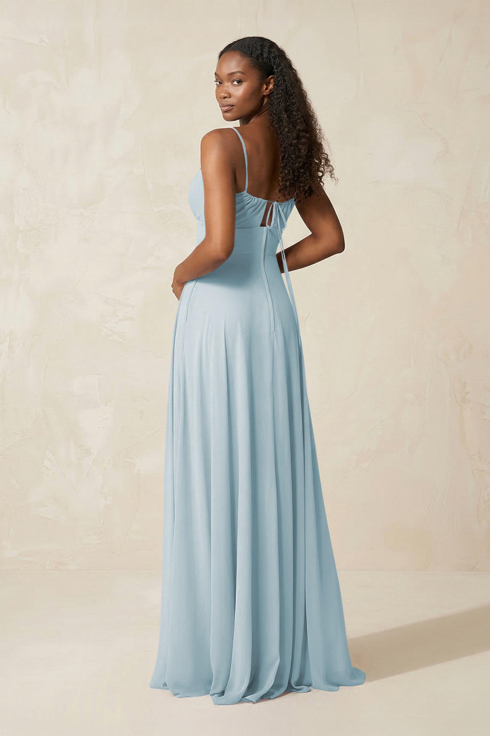 A-Line Ruched Chiffon Spaghetti Strap Bridesmaid Dress in Sky Blue