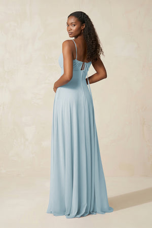 A-Line Ruched Chiffon Spaghetti Strap Bridesmaid Dress in Sky Blue (2) | KISSBRIDAL