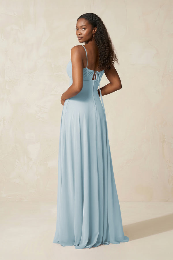 A-Line Ruched Chiffon Spaghetti Strap Bridesmaid Dress in Sky Blue (2) | KISSBRIDAL