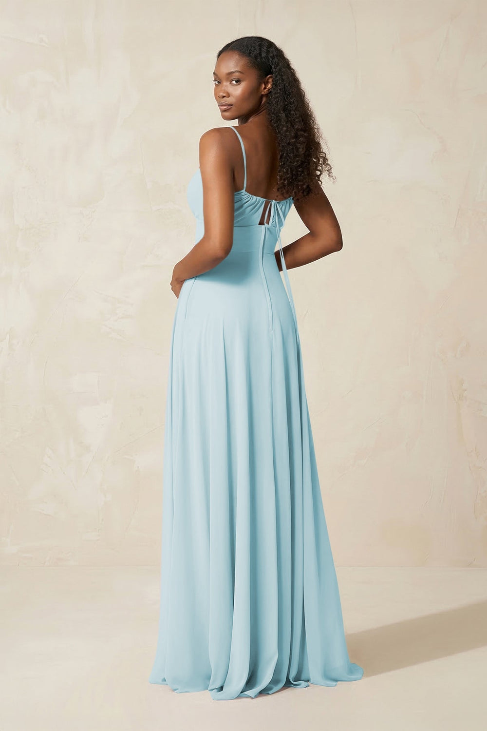 A - Line Ruched Chiffon Spaghetti Strap Bridesmaid Dress in Sky Blue - KISS BRIDAL Bridesmaid Dresses