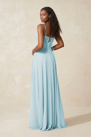 A - Line Ruched Chiffon Spaghetti Strap Bridesmaid Dress in Sky Blue - SHE IS ME Bridesmaid Dresses