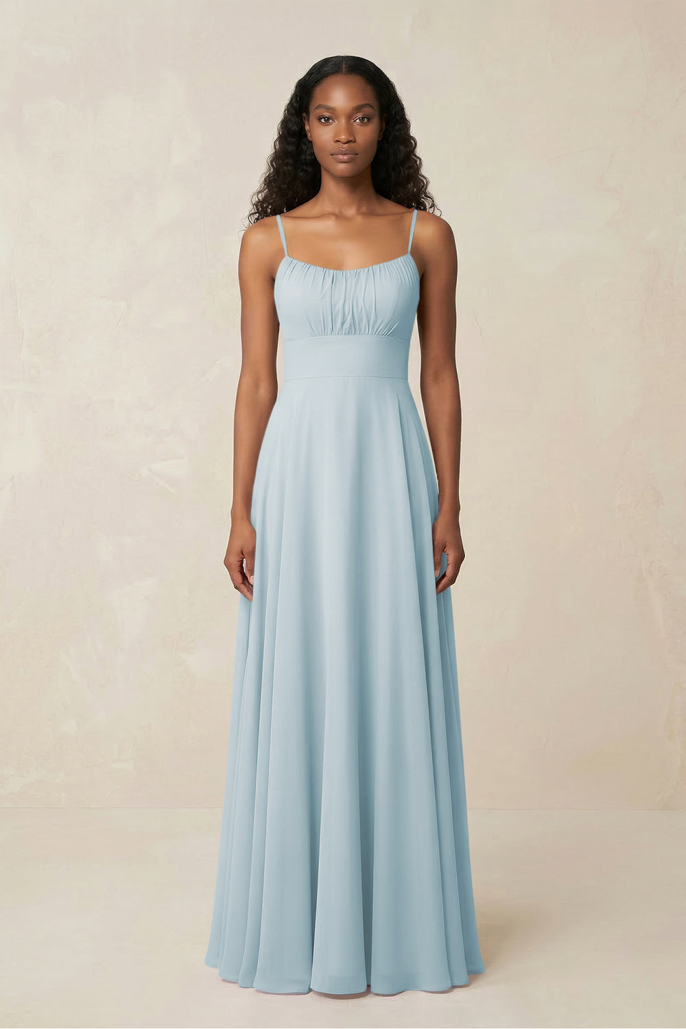 A-Line Ruched Chiffon Spaghetti Strap Bridesmaid Dress in Sky Blue