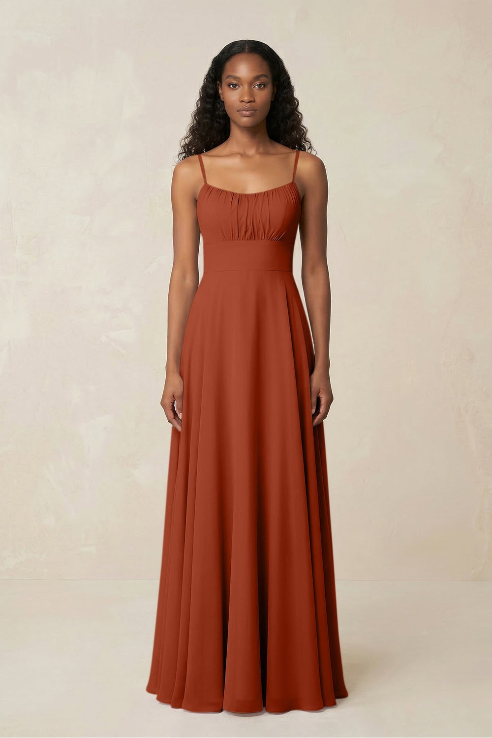 A - Line Ruched Chiffon Spaghetti Strap Bridesmaid Dress in Spice - KISS BRIDAL Bridesmaid Dresses