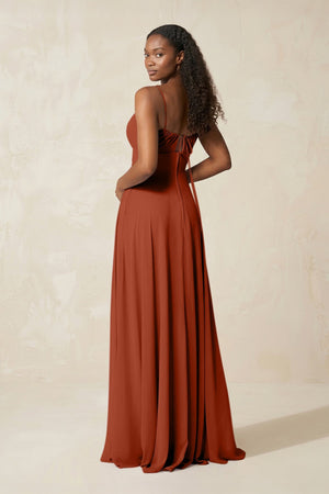 A - Line Ruched Chiffon Spaghetti Strap Bridesmaid Dress in Spice - SHE IS ME Bridesmaid Dresses