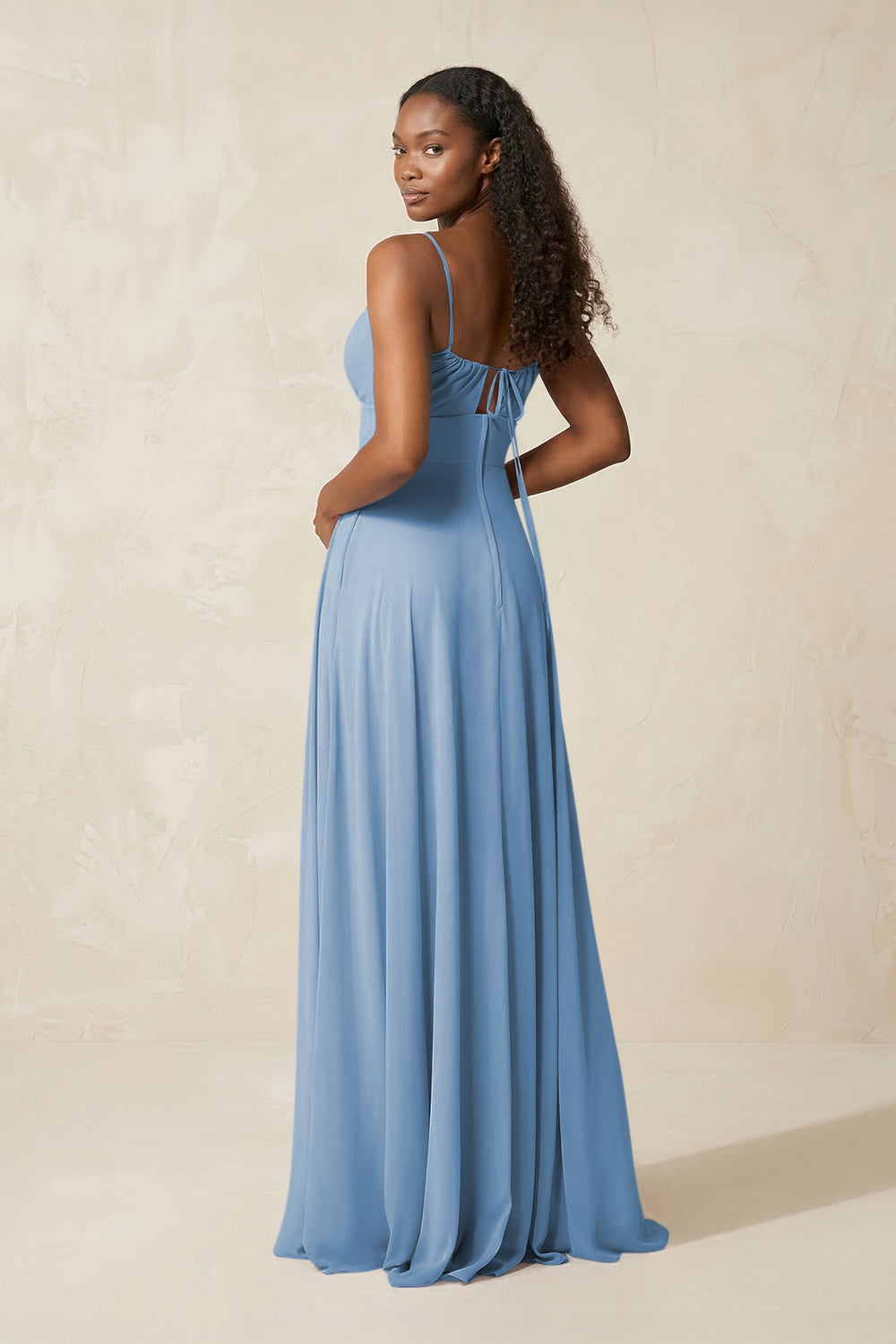 A-Line Ruched Chiffon Spaghetti Strap Bridesmaid Dress in Steel Blue