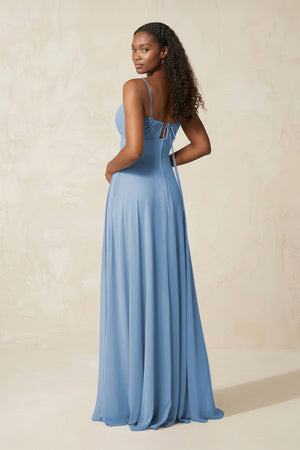 A-Line Ruched Chiffon Spaghetti Strap Bridesmaid Dress in Steel Blue (2) | KISSBRIDAL