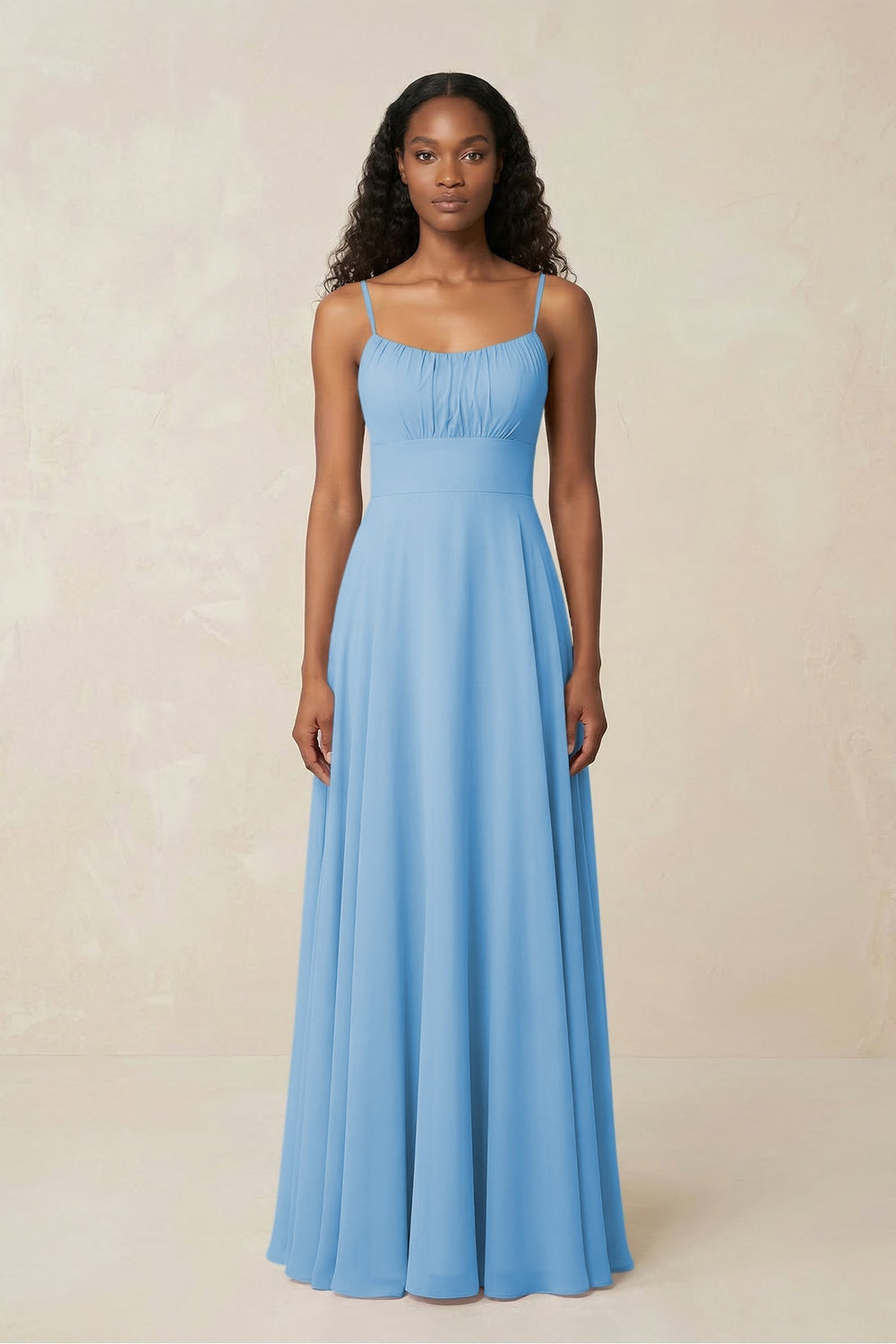 A - Line Ruched Chiffon Spaghetti Strap Bridesmaid Dress in Steel Blue - KISS BRIDAL Bridesmaid Dresses