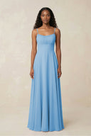 A - Line Ruched Chiffon Spaghetti Strap Bridesmaid Dress in Steel Blue - SHE IS ME Bridesmaid Dresses