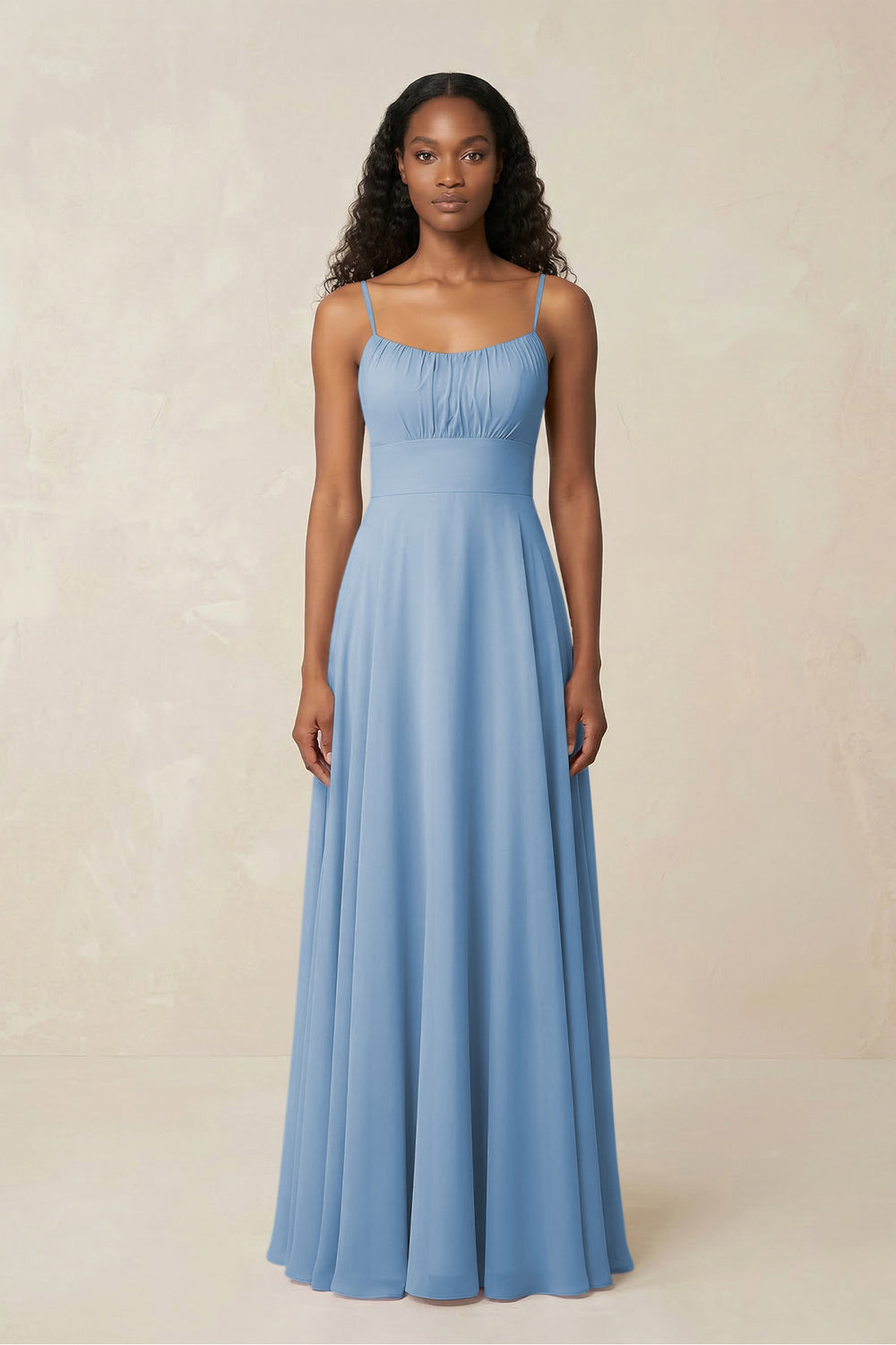 A-Line Ruched Chiffon Spaghetti Strap Bridesmaid Dress in Steel Blue