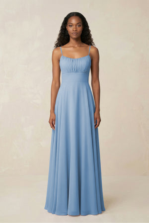 A-Line Ruched Chiffon Spaghetti Strap Bridesmaid Dress in Steel Blue | KISSBRIDAL