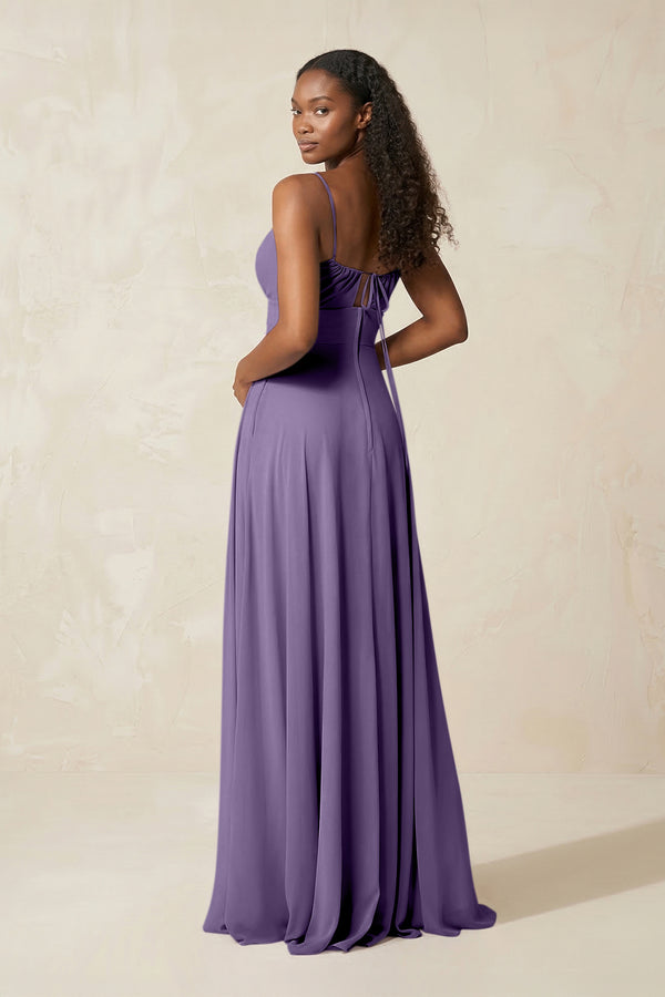A-Line Ruched Chiffon Spaghetti Strap Bridesmaid Dress in Tahiti (2) | KISSBRIDAL