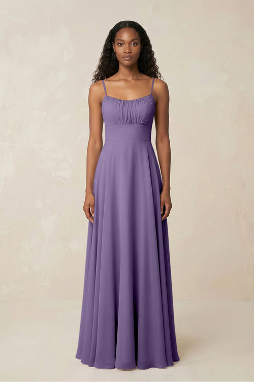 A-Line Ruched Chiffon Spaghetti Strap Bridesmaid Dress in Tahiti | KISSBRIDAL