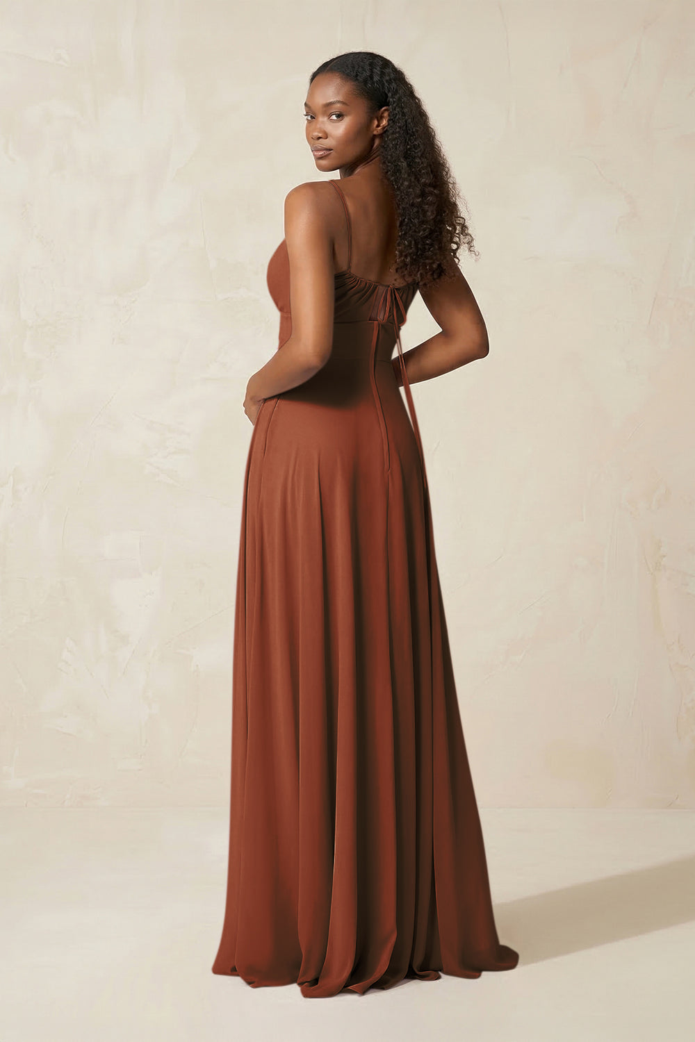A-Line Ruched Chiffon Spaghetti Strap Bridesmaid Dress in Terracotta