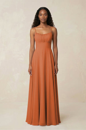 A - Line Ruched Chiffon Spaghetti Strap Bridesmaid Dress in Terracotta - SHE IS ME Bridesmaid Dresses