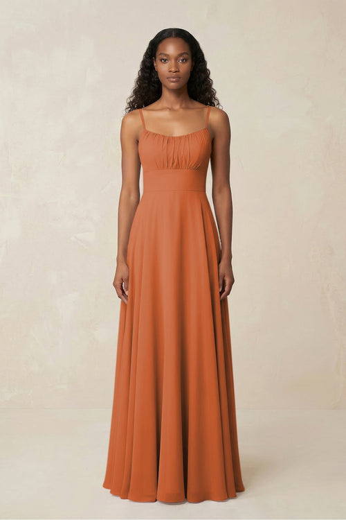 A - Line Ruched Chiffon Spaghetti Strap Bridesmaid Dress in Terracotta - SHE IS ME Bridesmaid Dresses