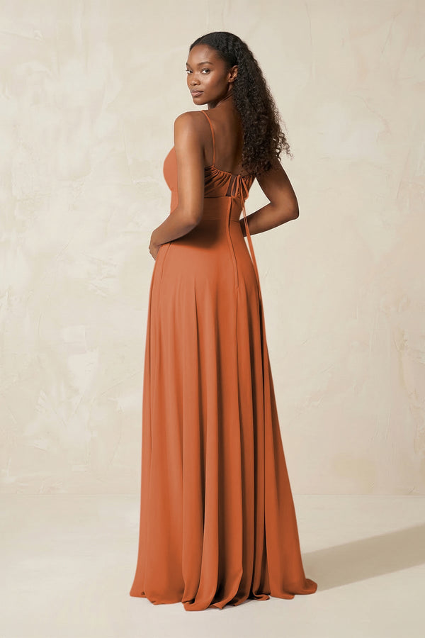 A - Line Ruched Chiffon Spaghetti Strap Bridesmaid Dress in Terracotta - SHE IS ME Bridesmaid Dresses