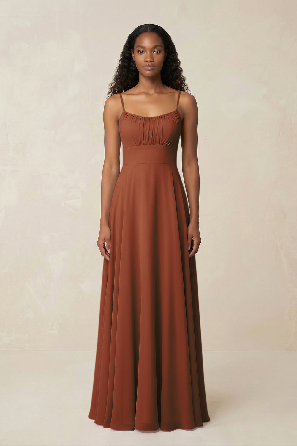 A-Line Ruched Chiffon Spaghetti Strap Bridesmaid Dress in Terracotta