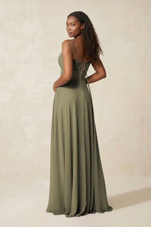 A-Line Ruched Chiffon Spaghetti Strap Bridesmaid Dress in Thyme (2) | KISSBRIDAL